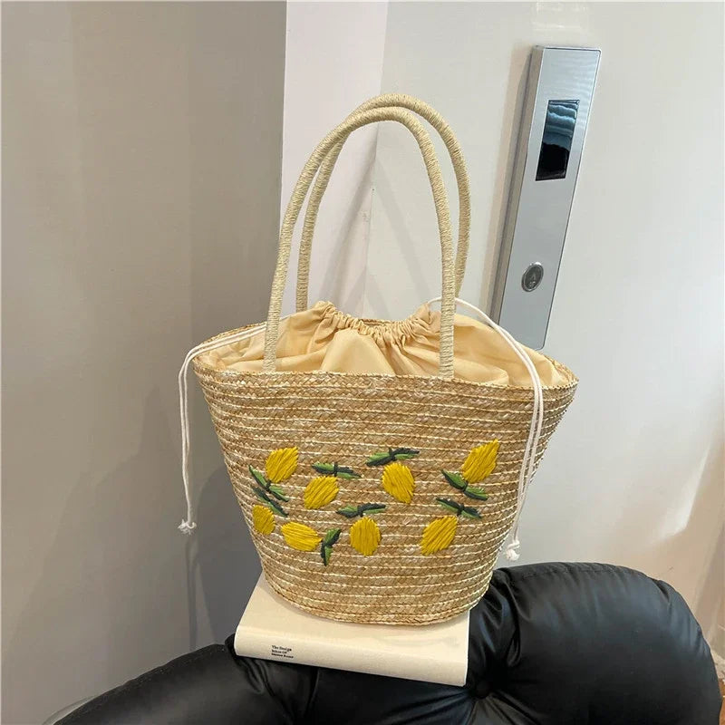 Sac à bandoulière en broderie de fruits, couleur unie, en paille tressée creuse et polyvalente 2025, sacs de haute qualité pour femmes, nouveaux sacs à main de plage