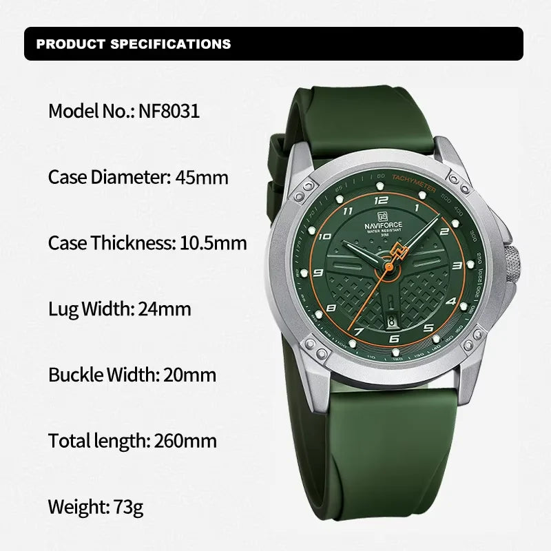 NAVIFORCE Top Fashion Brand Men's Quartz Sport Watches 3ATM Waterproof Casual Date Display Silicone Strap Man Classic Wristwatch