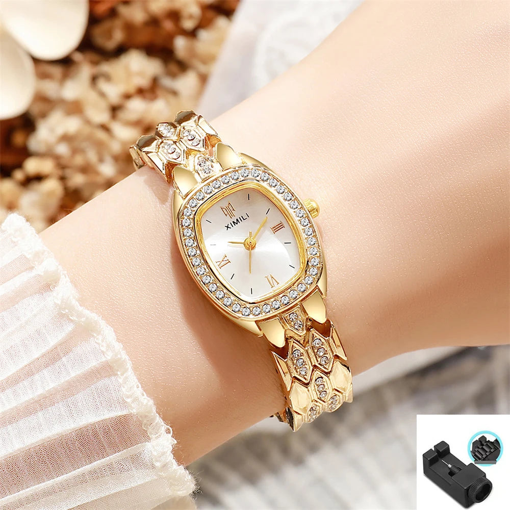 Luxury Gold Plated Ladies Fashion Quartz Watch Simple Rome Barrel-Shaped Stainless Steel Business Clock Quality Buckle Strap