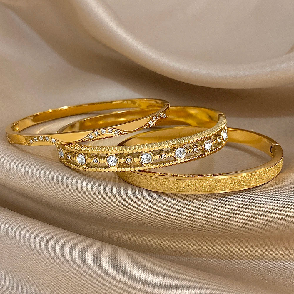 Exquis Bracelet Jonc Incrusté de Zircon Nouvelle Manchette Plaqué Or Femme Homme Géométrique Empilable Étanche Breloques Bijoux Cadeaux