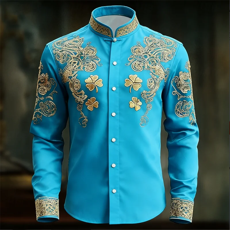 Nouvelle chemise homme à manches longues fleurie avec imprimé trèfle 3D doré, haut de chemise à manches longues tendance et luxueux