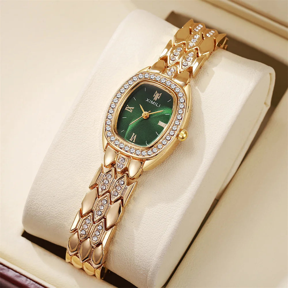 Luxury Gold Plated Ladies Fashion Quartz Watch Simple Rome Barrel-Shaped Stainless Steel Business Clock Quality Buckle Strap