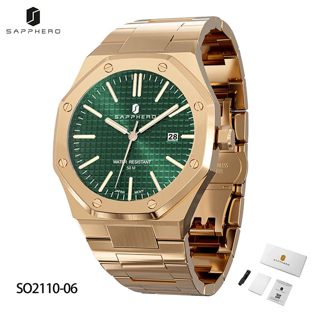 Montre SAPPHERO pour hommes, bracelet en acier inoxydable, design résistant à l'eau, calendrier automatique, cadeaux de fête, horloge de boîte-cadeau exquise