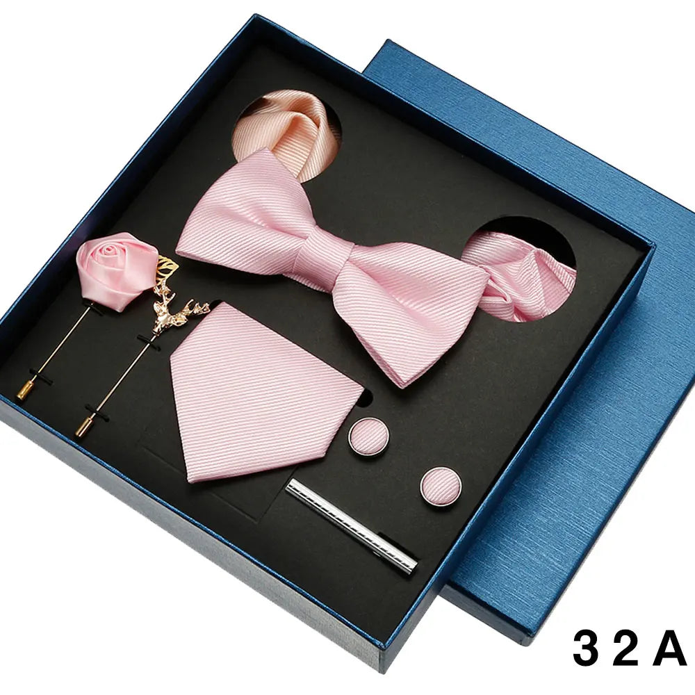 Cravate en soie pour hommes, nœud papillon, pochette, broches, boutons de manchette et pince à cravate pour hommes, accessoires de mariage rouge bordeaux, coffret cadeau