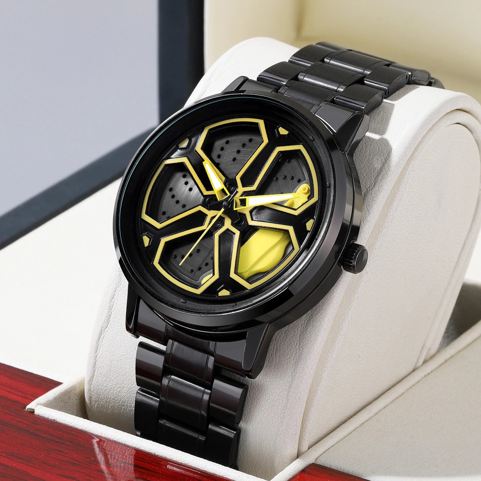 VA VA VOOM Brand Men Creative Wheel Turntable Watch Stainless Steel Black Quartz Movement 42mm Waterproof Sports Gift Wristwatch