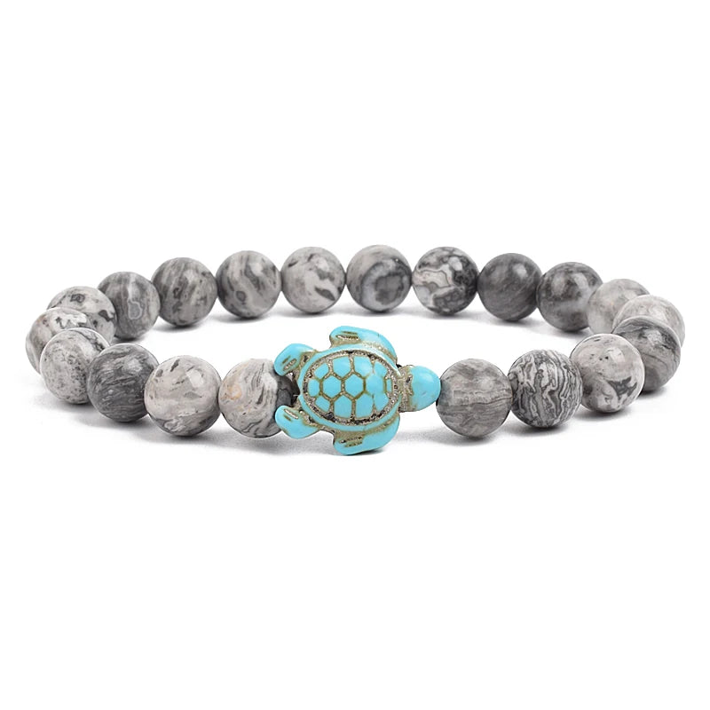 Bracelet perles tortues de mer 8 mm Turquoise Pierre Naturelle Élastique Extensible Femmes Hommes Amitié Bijoux d'Été Plage Cadeaux