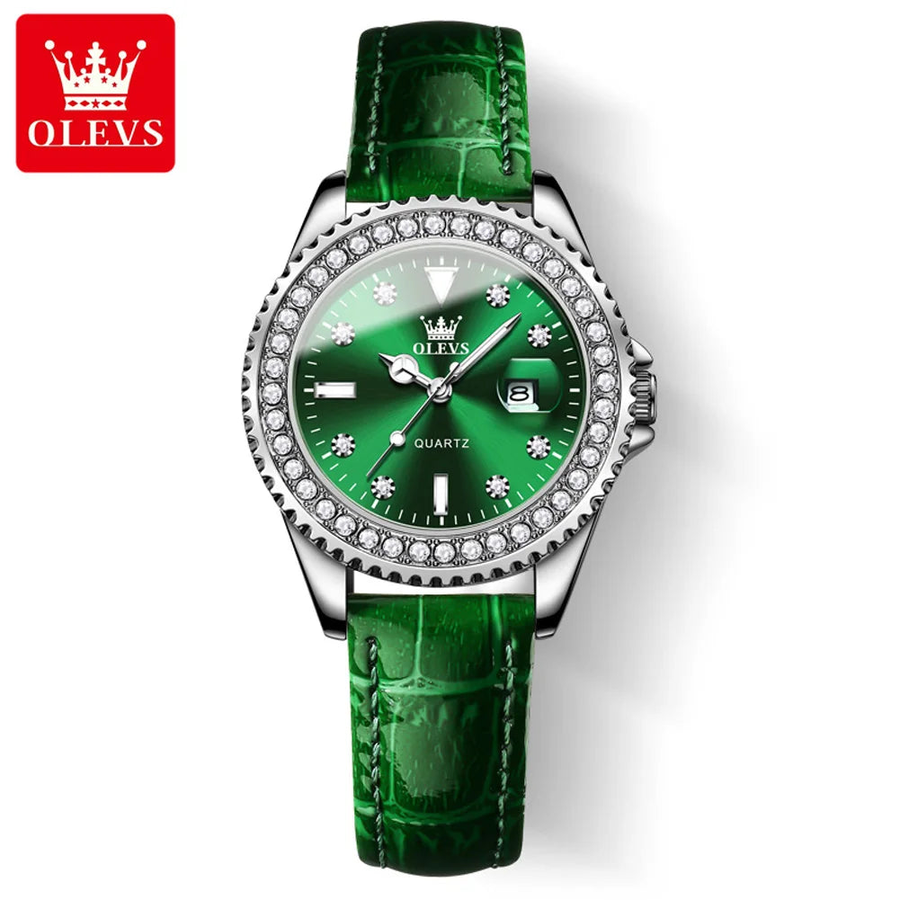 OLEVS 9945 Montre à quartz originale de marque supérieure pour femmes Montre-bracelet de luxe à calendrier à diamants en acier inoxydable pour femmes