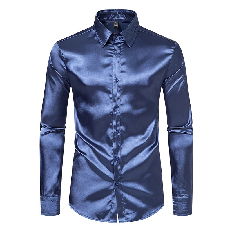 Chemises habillées de luxe en satin noir pour hommes, chemise de smoking lisse en soie, chemise unie pour mariage, bal, décontractée, bureau d'affaires