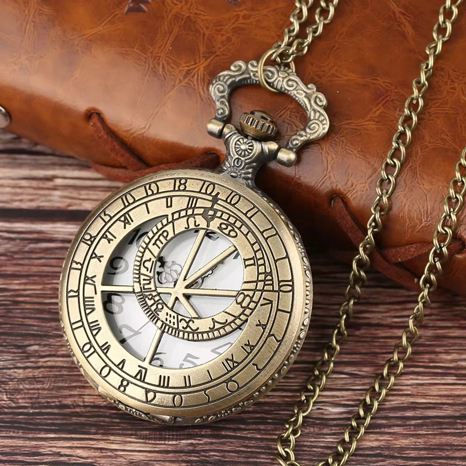 Montre de poche unisexe à quartz rétro en bronze avec motif boussole Zodiaque, montre de cou avec pendentif antique, cadeaux