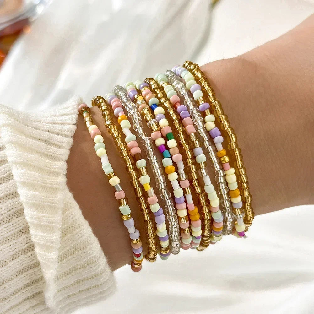 17/10 pièces/lot Bracelets élastiques à perles Perles de riz colorées Bohèmes Chaîne de bracelets Filles Été Plage Fête Vacances Bijoux