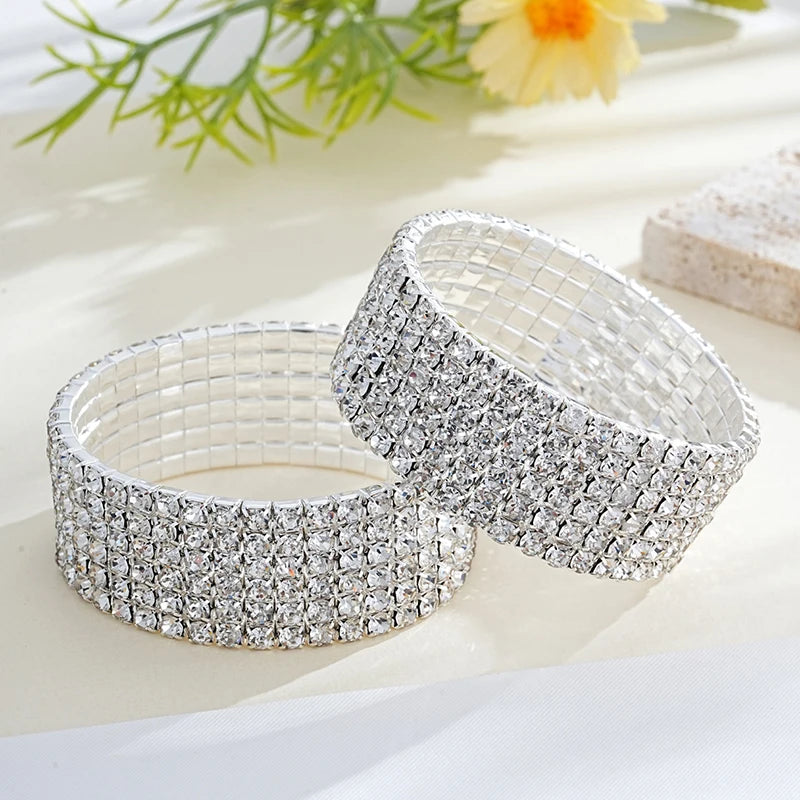 Classic Multiple Shining Rhinestone Crystal Stretch For Women Girls Bridal Wedding Wristband Elastic Bracelet Gold Silver Color