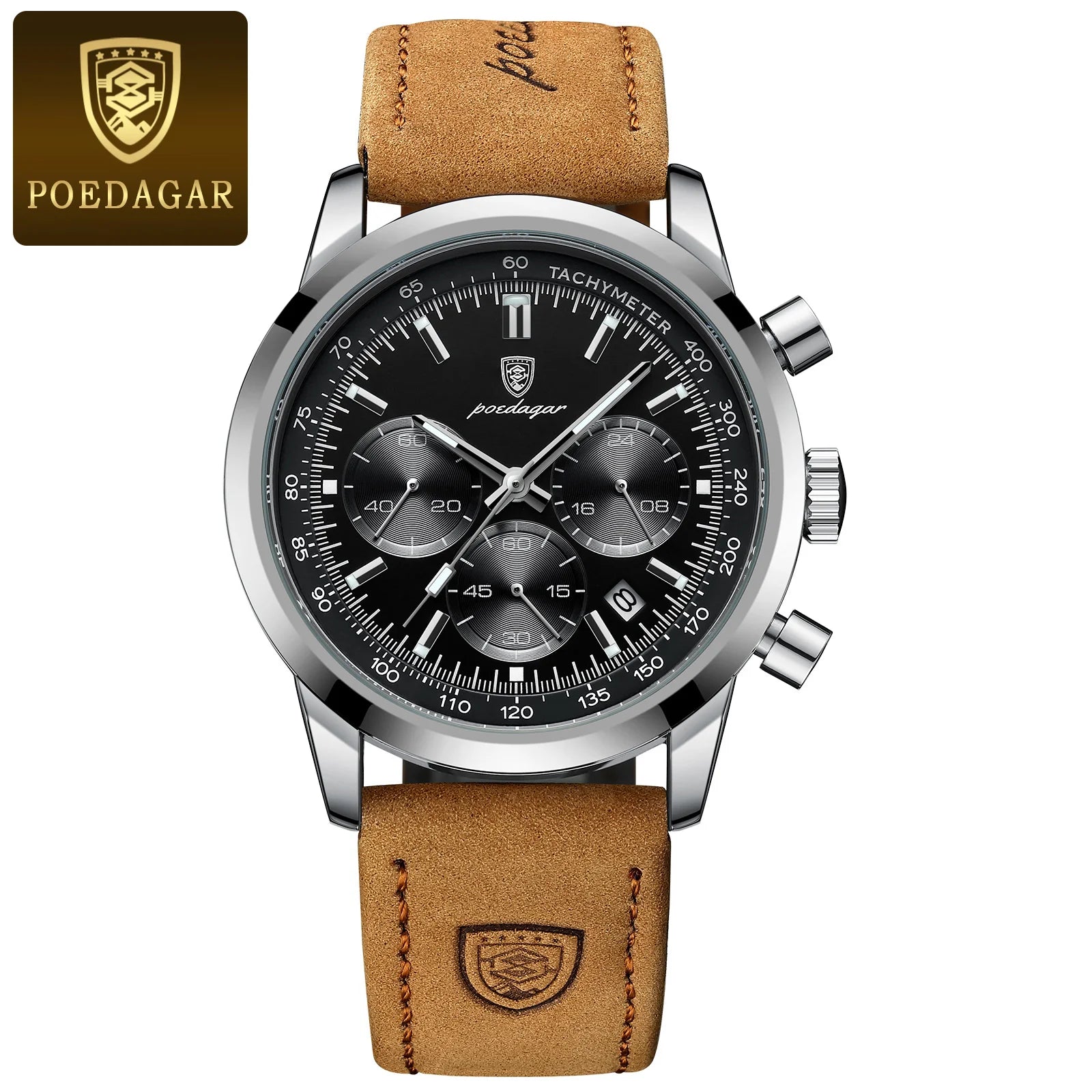 POEDAGAR Montre homme étanche avancée avec calendrier, veilleuse, chronomètre, montre homme en cuir de luxe et de mode