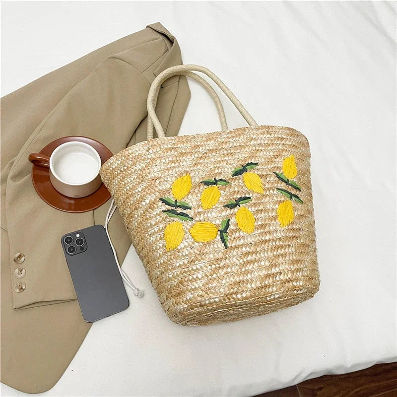 Sac à bandoulière en broderie de fruits, couleur unie, en paille tressée creuse et polyvalente 2025, sacs de haute qualité pour femmes, nouveaux sacs à main de plage