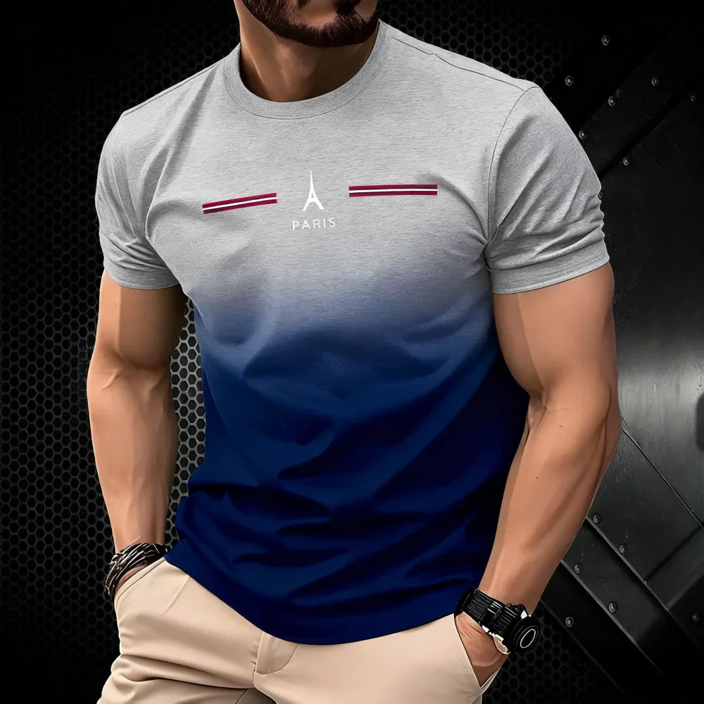 T-shirt homme d'été dégradé 3D simple avec impression Paris, vêtement décontracté, coupe oversize, col rond, manches courtes, pour le sport