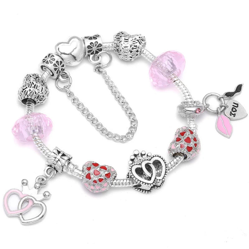 BAOPN Bracelets à breloques en perles cœur à cœur roses européennes pour femmes, bracelets et joncs de marque assortis, bijoux pour couple, livraison directe