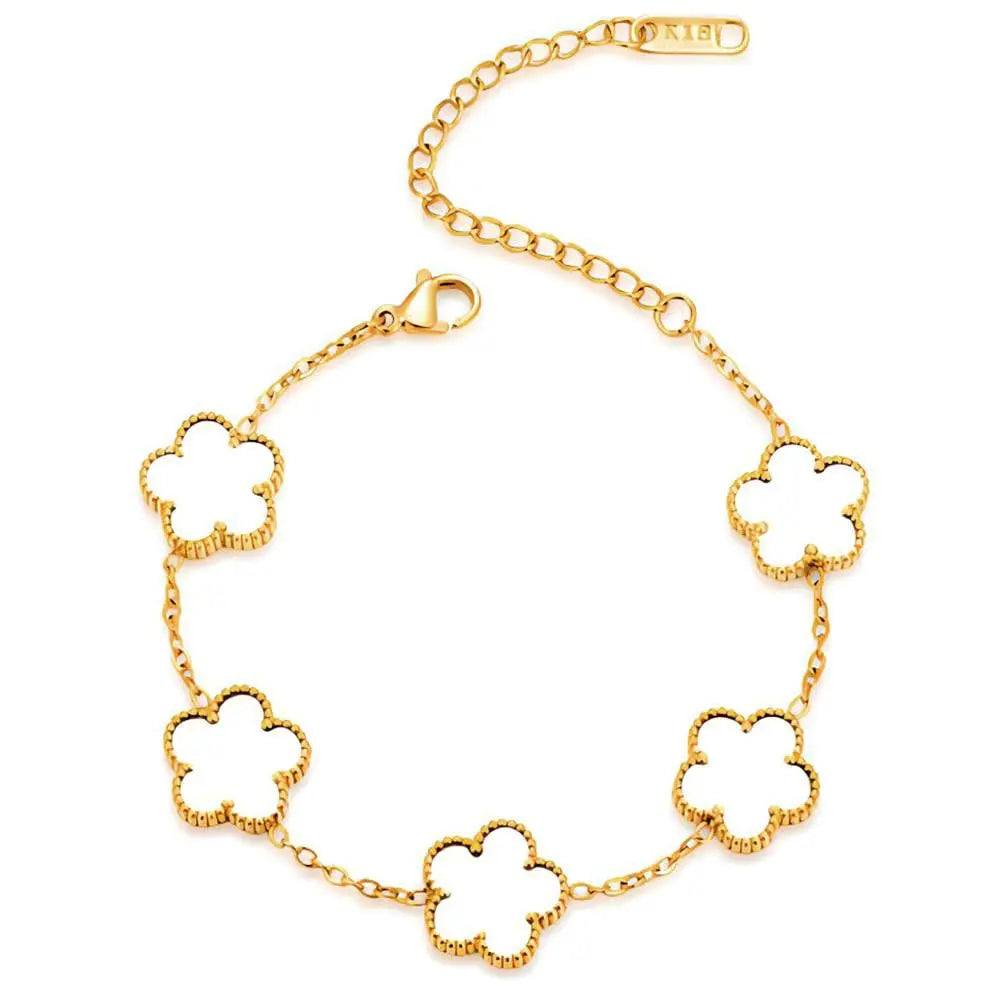Collier en Acier Inoxydable Plaqué Or 14 Carats pour Femme, Pendentif Double Face Cinq Pétales de Fleur, Bijou Trèfle