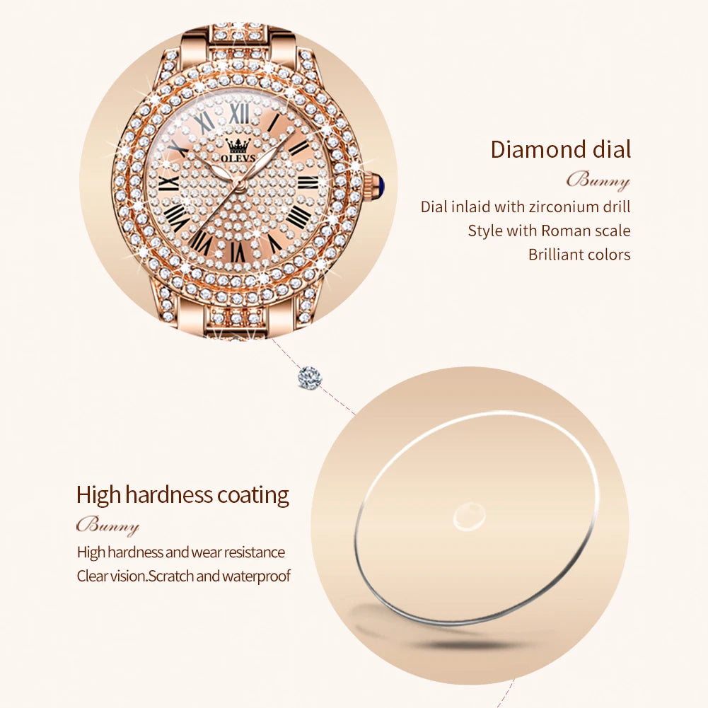 OLEVS 9943 Montre à Quartz Originale Entièrement Sertie de Diamants pour Femme Acier Inoxydable Or Rose Étanche Élégante Luxe Haut de Gamme Montre-Bracelet pour Dames